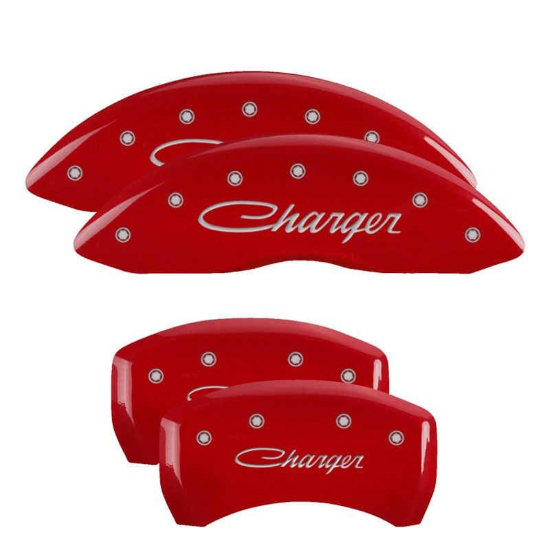 MGP 12005SCHSRD | 4 Caliper Covers Engraved Front & Rear Cursive/Charger Red finish silver ch; 2009-2010