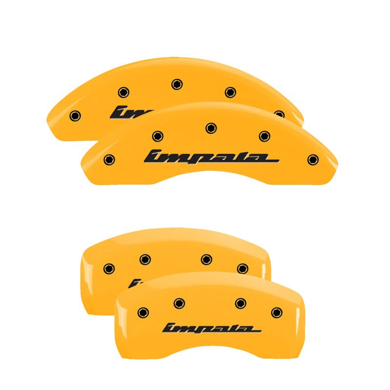 MGP 14223SIMPYL | 4 Caliper Covers Engraved Front & Rear Impala Yellow finish black ch; 2014-2020