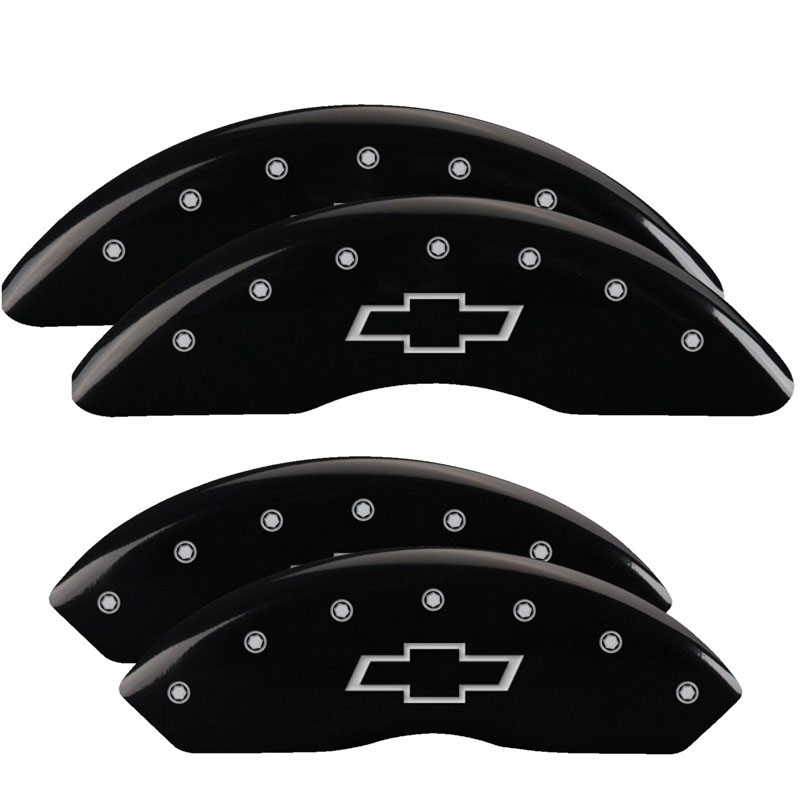 MGP 14008SBOWBK | 4 Caliper Covers Engraved Front & Rear Bowtie Black finish silver ch; 2009-2016