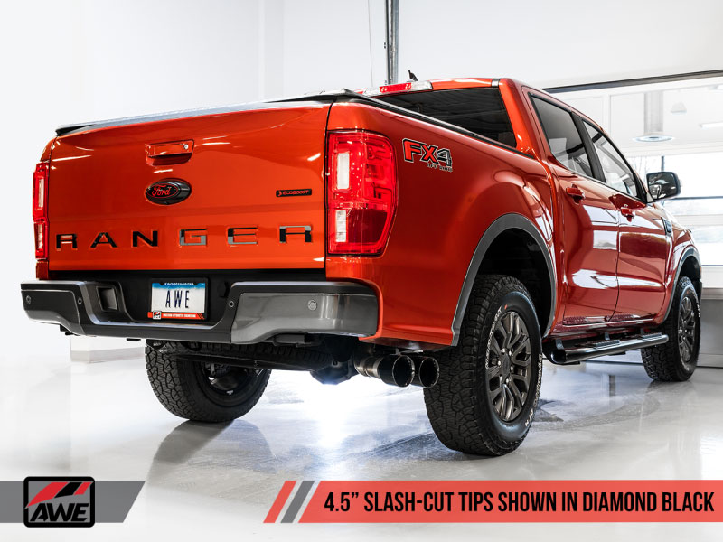 AWE Tuning 3015-23064 | 2019+ Ford Ranger 0FG Performance Exhaust System w/Diamond Black Tips & Rock Guard; 2019-2022