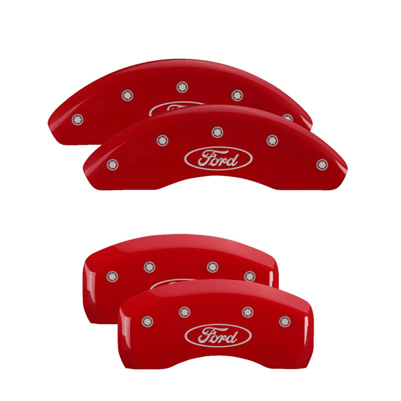 MGP 10236SFRDRD | 4 Caliper Covers Engraved Front & Rear Oval logo/Ford Red finish silver ch; 2014-2017