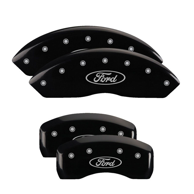 MGP 10220SFRDBK | 4 Caliper Covers Engraved Front & Rear Oval logo/Ford Black finish silver ch; 2017-2020