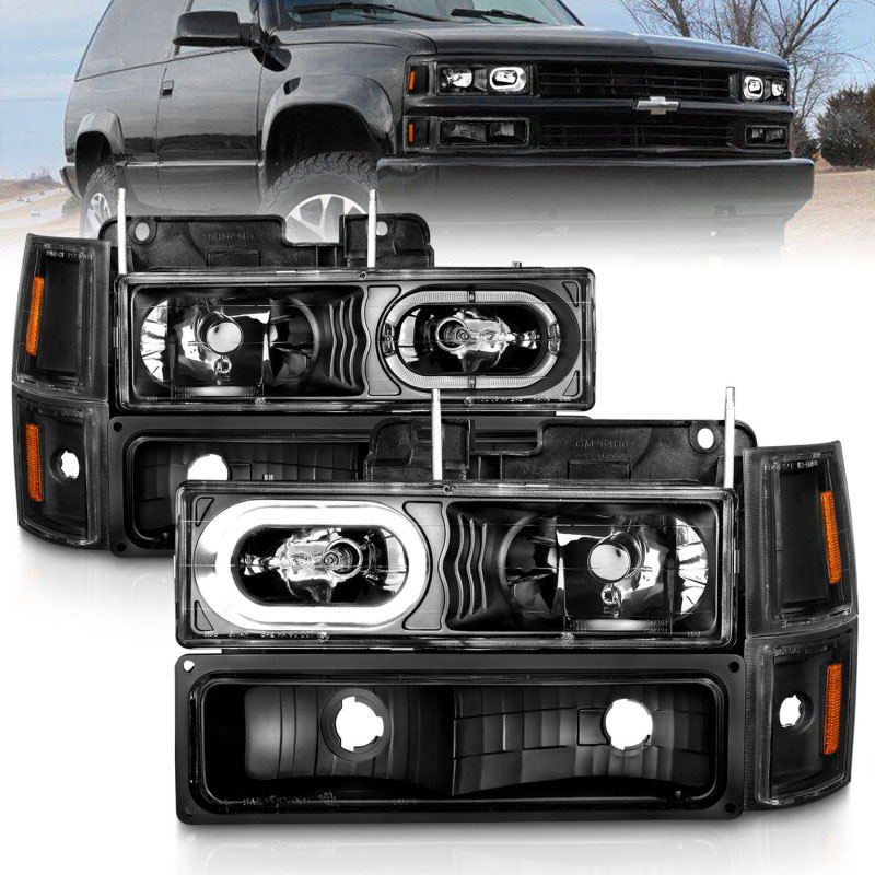 ANZO 111507 | 88-98 Chevrolet C1500 Crystal Headlights Black Housing w/ Signal and Side Marker Lights; 1988-1998