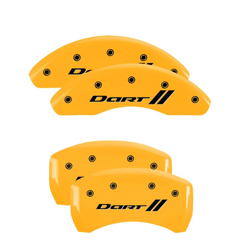 MGP 12199SDRTYL | 4 Caliper Covers Engraved Front & Rear With stripes/Dart Yellow finish black ch; 2013-2016