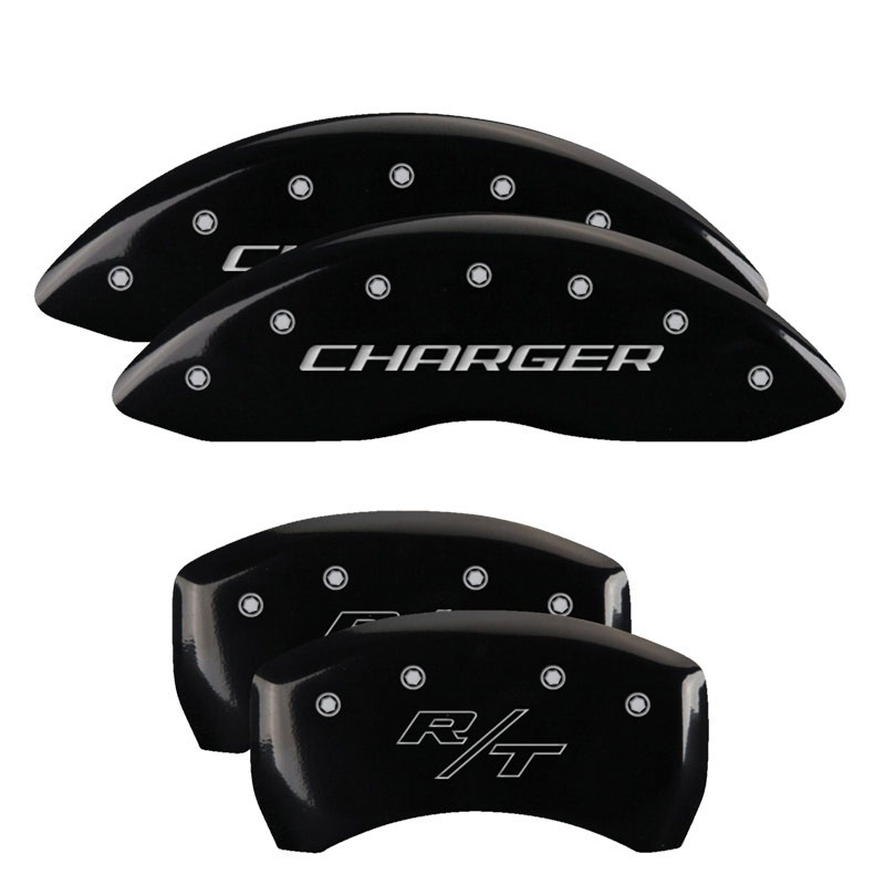 MGP 12001SCHRBK | 4 Caliper Covers Engraved Front Charger Engraved Rear RT Black finish silver ch; 2009-2010