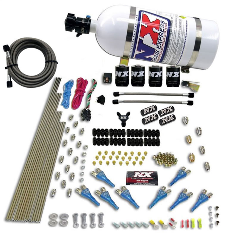 Nitrous Express 90006-10 | 8 Cyl Shark Direct Port 4 Solenoids Nitrous Kit (200-600HP) w/10lb Bottle