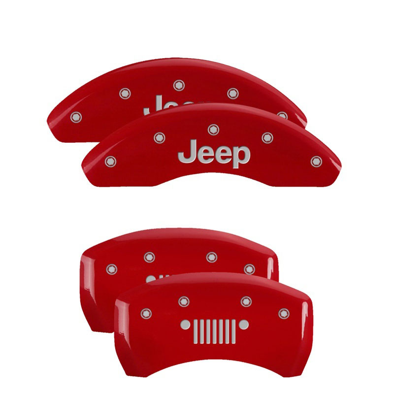 MGP 42013SJPLRD | 4 Caliper Covers Engraved Front JEEP Engraved Rear JEEP Grill logo Red finish silver ch; 2016-2022