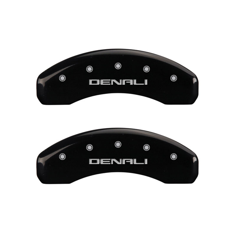 MGP 34209SDNLBK | 4 Caliper Covers Engraved Front & Rear Denali Black Finish Silver Char 2017 GMC Canyon; 2015-2020