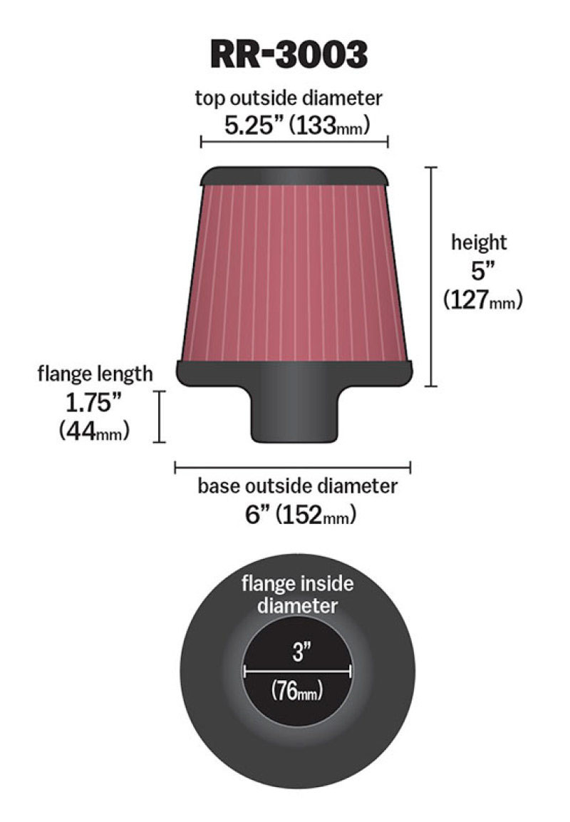 K&N Engineering rr3003 | K&N Universal Filter 3 inch Flange 6 inch Base 5 1/4 inch Top 5 inch Height w/ Polished Top