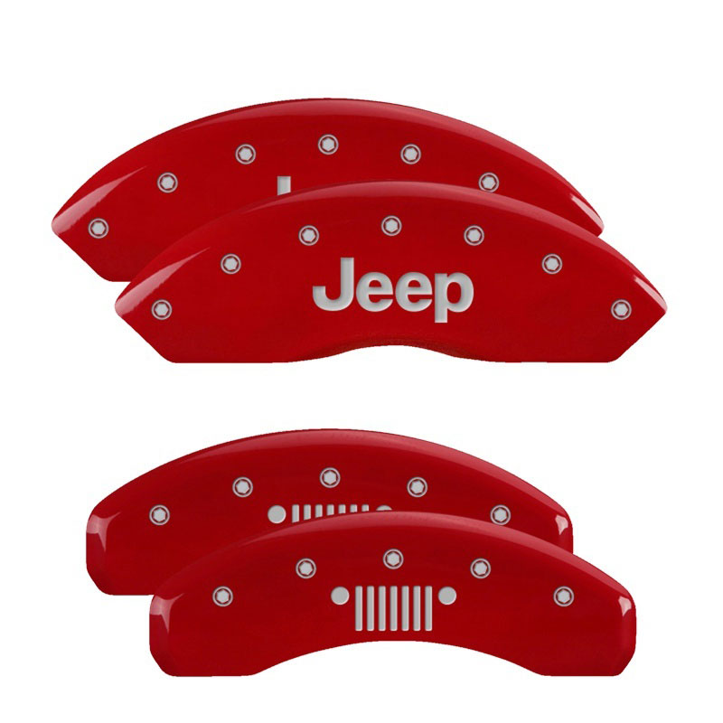 MGP 42007SJPLRD | 4 Caliper Covers Engraved Front JEEP Engraved Rear JEEP Grill logo Red finish silver ch; 2012-2012