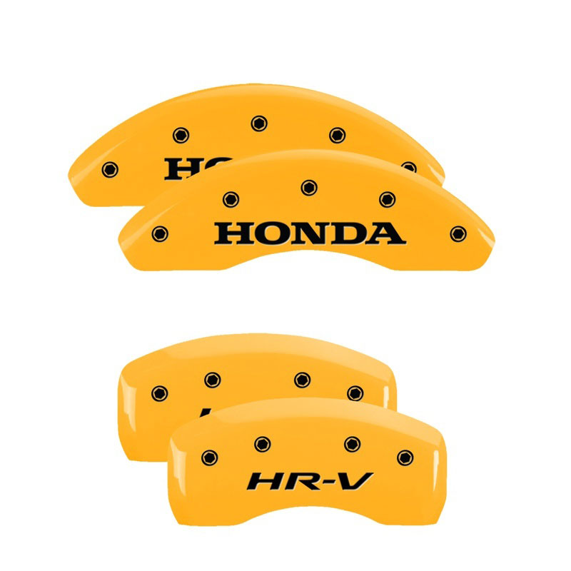 MGP 20217SHRVYL | 4 Caliper Covers Engraved Front Honda Engraved Rear HR-V Yellow finish black ch; 2016-2021