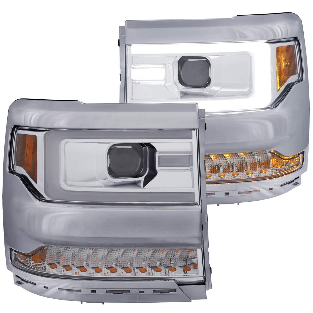 ANZO 111374 | USA Chevrolet Silverado Projector Headlights W/ Plank Style Chrome W/ Amber; 2016-2018