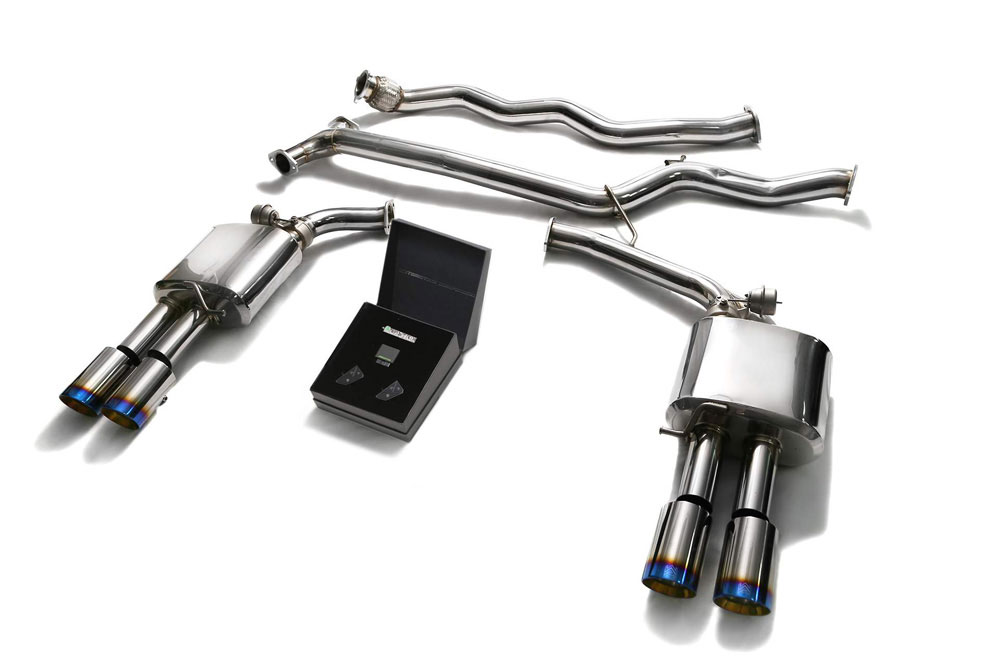 Armytrix AUB84-QS11B | ARMYTRIX Stainless Steel Valvetronic Catback Exhaust System Audi A5 Quad Blue Tips; 2008-2015