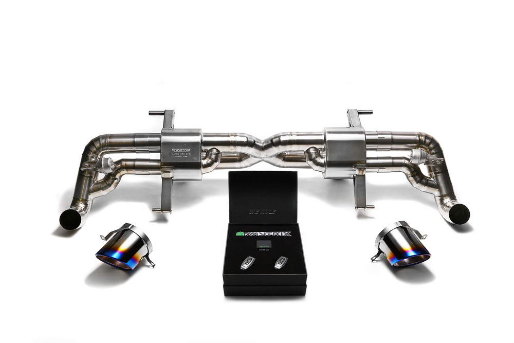 Armytrix AUR82-DT16B | ARMYTRIX Titanium Valvetronic Exhaust System Audi R8 V8 4.2L with Dual Titanium Blue Tips; 2014-2015