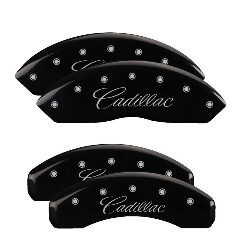 MGP 35005SCADBK | 4 Caliper Covers Engraved Front & Rear Cursive/Cadillac Black finish silver ch; 2006-2011