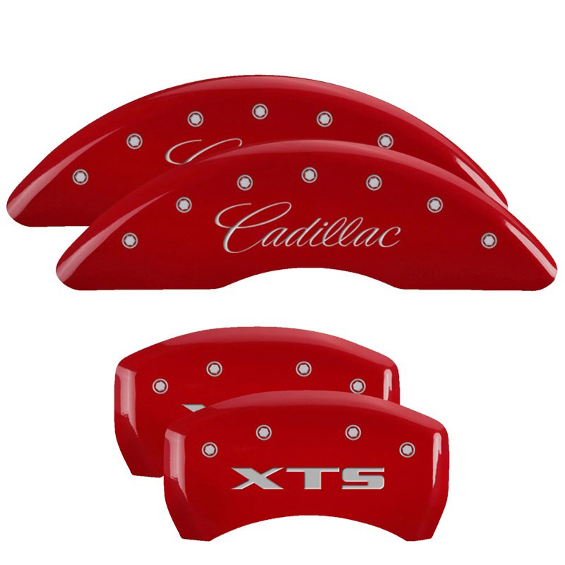 MGP 35008SXTSRD | 4 Caliper Covers Engraved Front Cadillac Engraved Rear XTS Red finish silver ch; 2013-2016