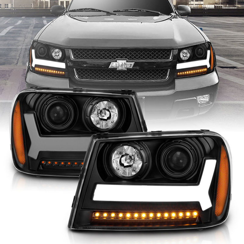 ANZO 111390 | 2006-2009 Chevrolet Trailblazer Projector Headlights w/ Plank Style Design Black w/ Amber; 2006-2009