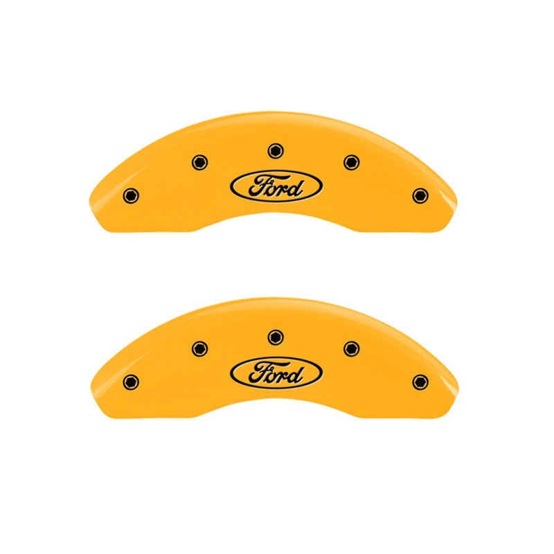 MGP 10102FFRDYL | Front set 2 Caliper Covers Engraved Front Oval logo/Ford Yellow finish black ch; 2011-2017