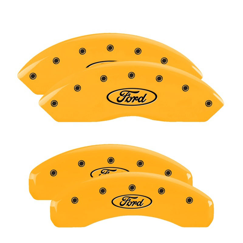 MGP 10119SFRDYL | 4 Caliper Covers Engraved Front & Rear Oval logo/Ford Yellow finish black ch; 2011-2014