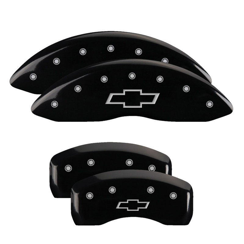 MGP 14006SBOWBK | 4 Caliper Covers Engraved Front & Rear Bowtie Black finish silver ch; 2010-2013