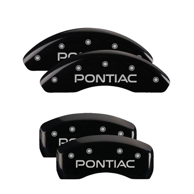 MGP 18026SPOPBK | 4 Caliper Covers Engraved Front & Rear Pontiac Black finish silver ch; 2000-2003