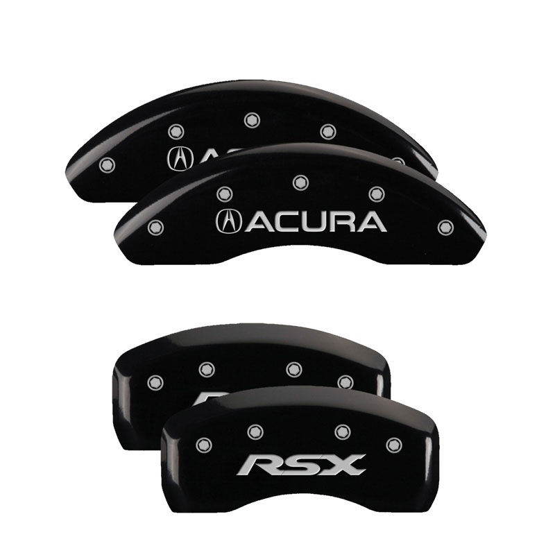 MGP 39003SRSXBK | 4 Caliper Covers Engraved Front Acura Engraved Rear RSX Black finish silver ch; 2006-2007