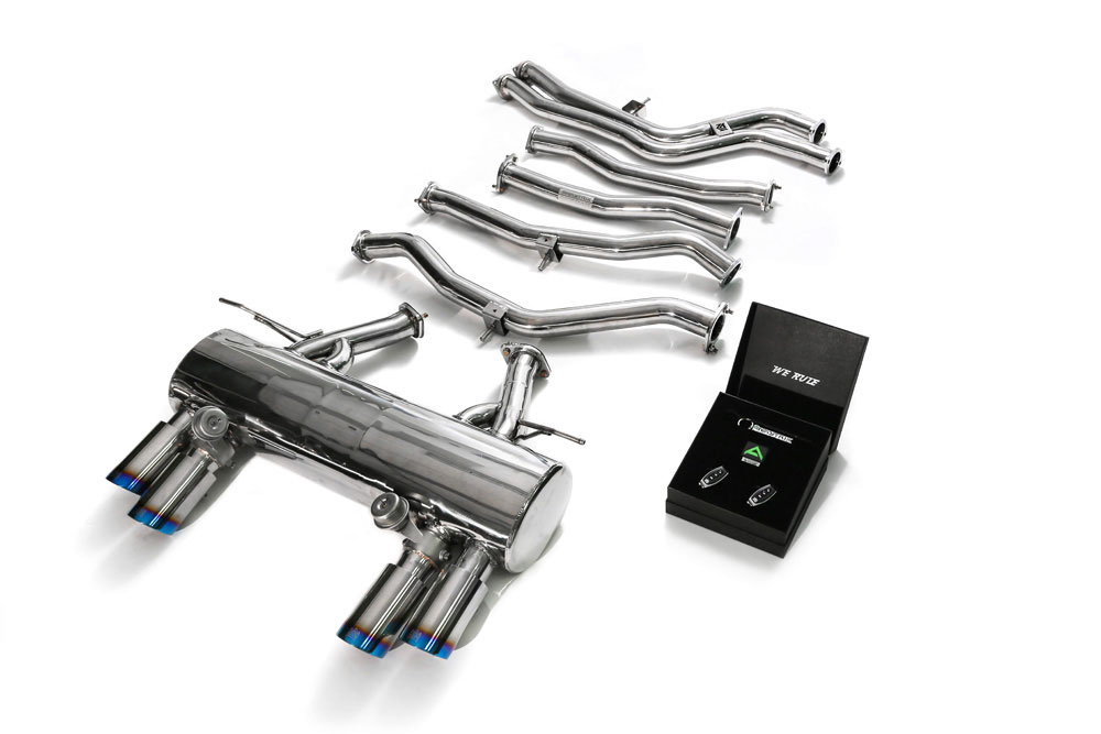 Armytrix BMF8M-QS11B | ARMYTRIX Stainless Steel Valvetronic Catback Exhaust System BMW F82 F83 M4 with Quad Blue Tips; 2015-2020