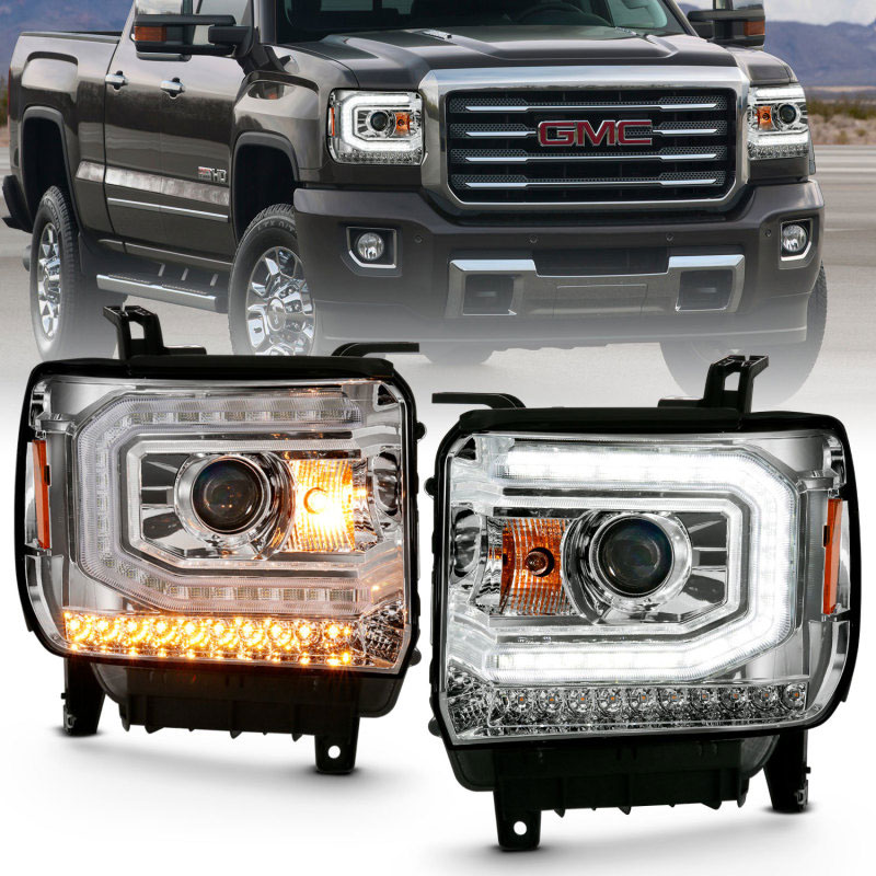 ANZO 111486 | 2016-2019 Gmc Sierra 1500 Projector Headlight Plank Style Chrome w/ Sequential Amber Signal; 2016-2019