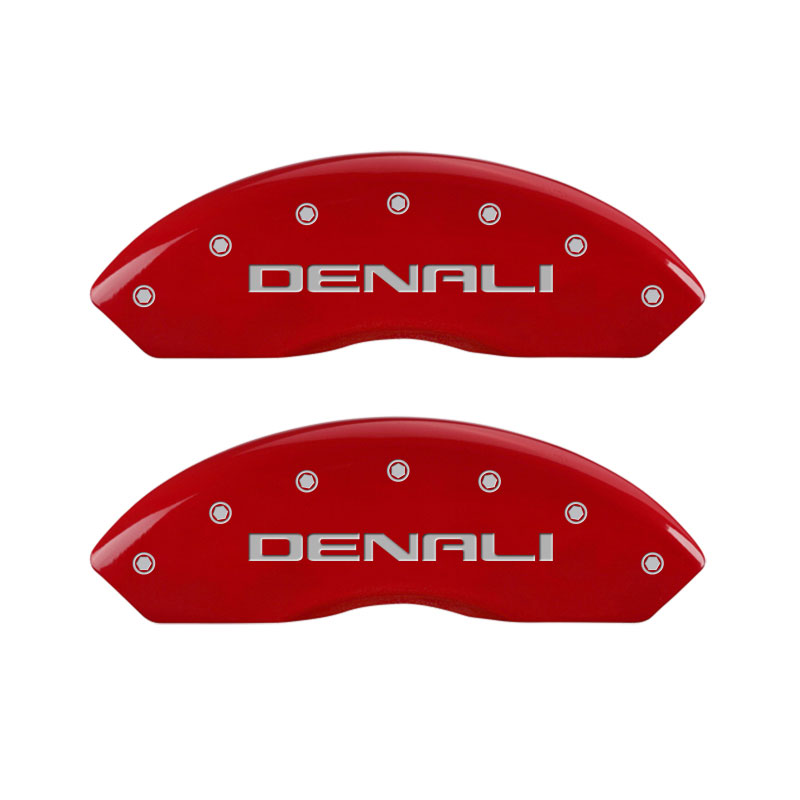 MGP 34212SDNLRD | 4 Caliper Covers Engraved Front & Rear Denali Red Finish Silver Char 2019 GMC Arcadia; 2017-2020