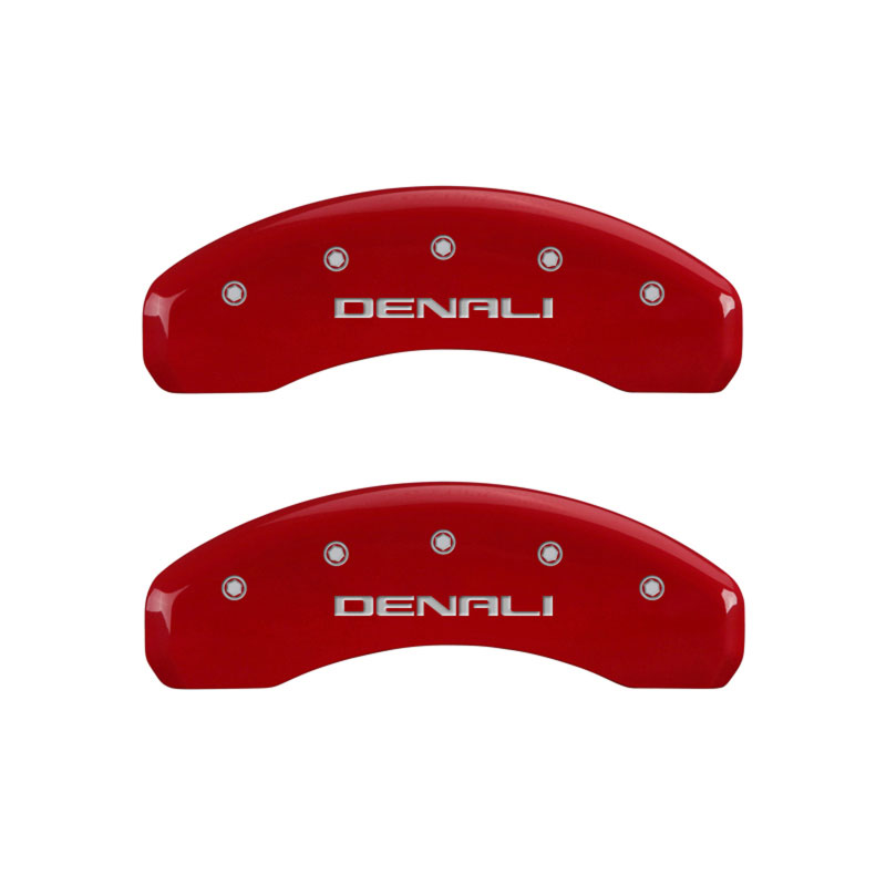 MGP 34209SDNLRD | 4 Caliper Covers Engraved Front & Rear Denali Red Finish Silver Char 2018 GMC Canyon; 2015-2020