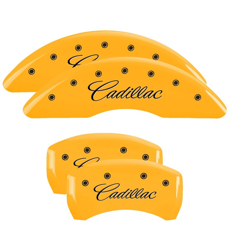 MGP 35008SCADYL | 4 Caliper Covers Engraved Front & Rear Cursive/Cadillac Yellow finish black ch; 2013-2016