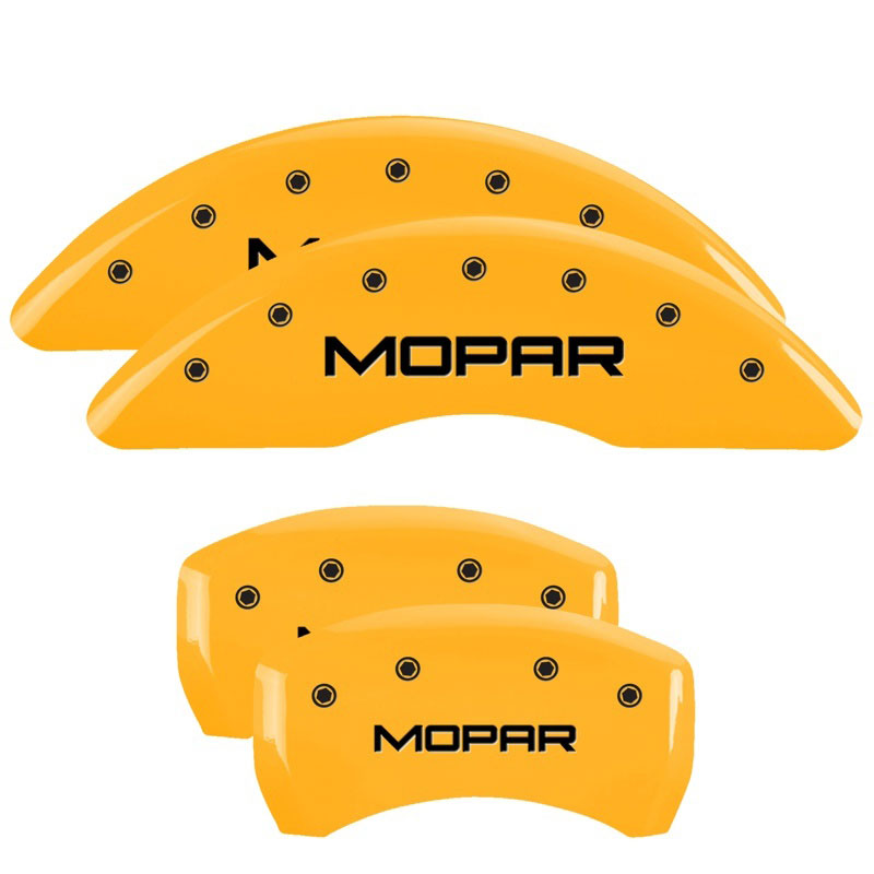 MGP 42012SMOPYL | 4 Caliper Covers Engraved Front & Rear MOPAR Yellow finish black ch; 2016-2022