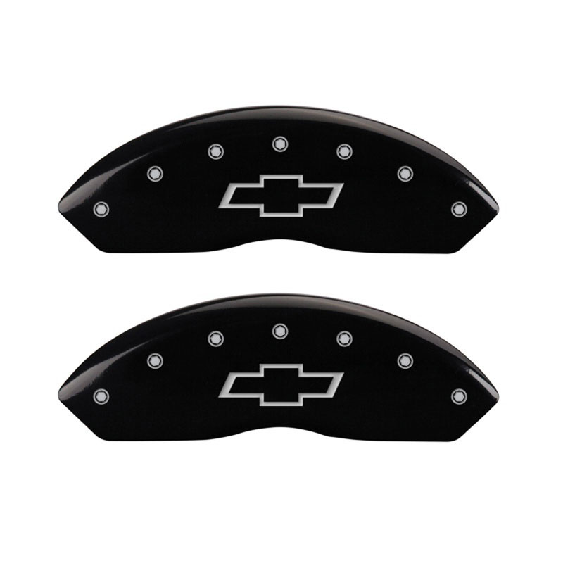 MGP 14003FBOWBK | Front set 2 Caliper Covers Engraved Front Bowtie Black finish silver ch; 1997-1998