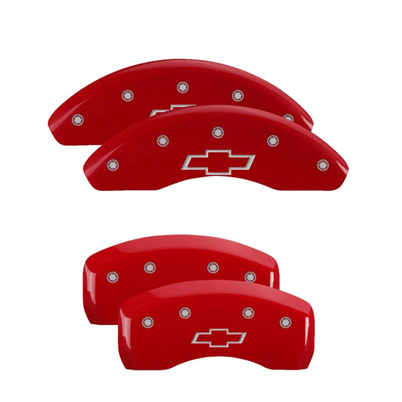 MGP 14218SBOWRD | 4 Caliper Covers Engraved Front & Rear Bowtie Red finish silver ch; 2015-2017