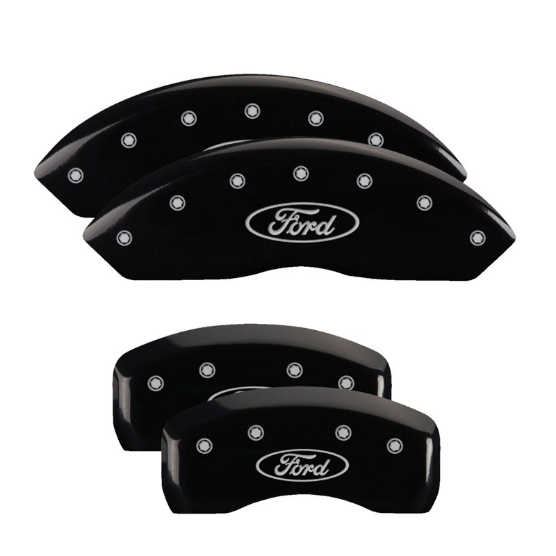 MGP 10007SFRDBK | 4 Caliper Covers Engraved Front & Rear Oval logo/Ford Black finish silver ch; 2014-2017