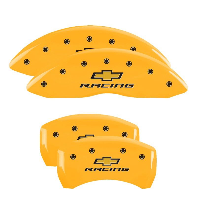 MGP 14231SBRCYL | 4 Caliper Covers Engraved Front & Rear Chevy racing Yellow finish black ch; 2014-2015