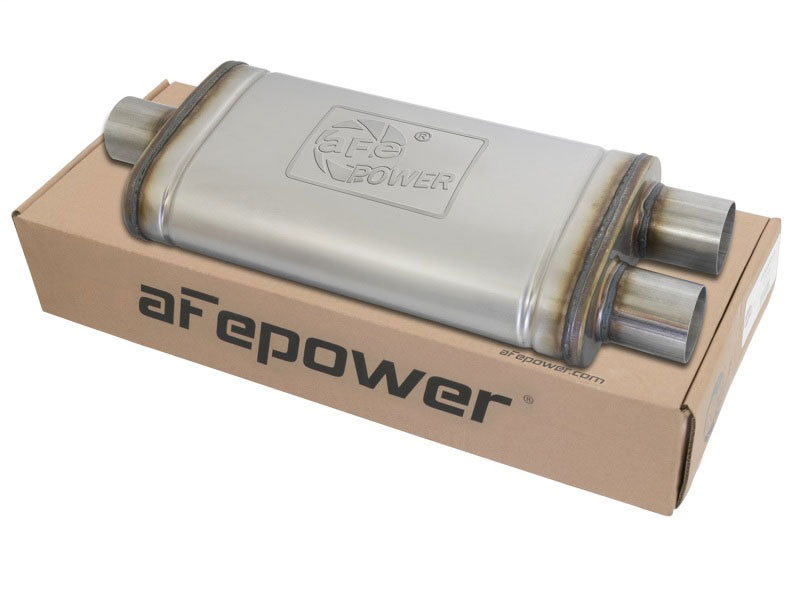 aFe 49M00009 | MACHForce XP SS Muffler 2.5in Center Inlet / 2.5in Dual Outlets 18in L x 9in W x 4in H Body