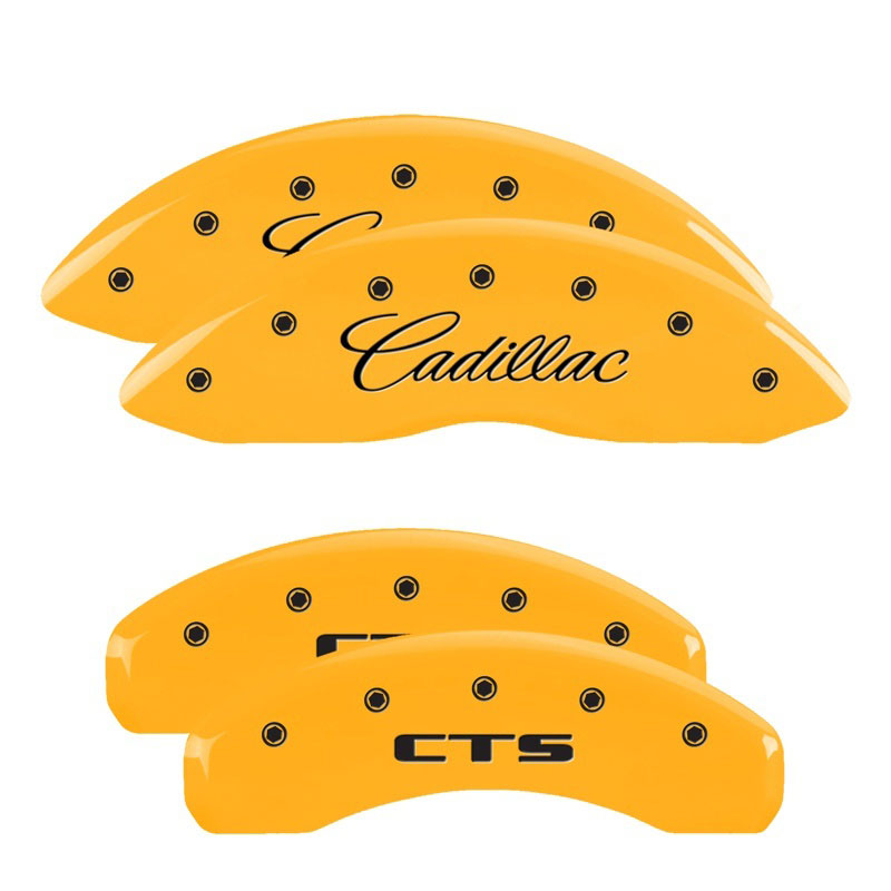 MGP 35013SCTSYL | 4 Caliper Covers Engraved Front Cursive/Cadillac Engraved Rear CTS Yellow finish black ch; 2009-2019