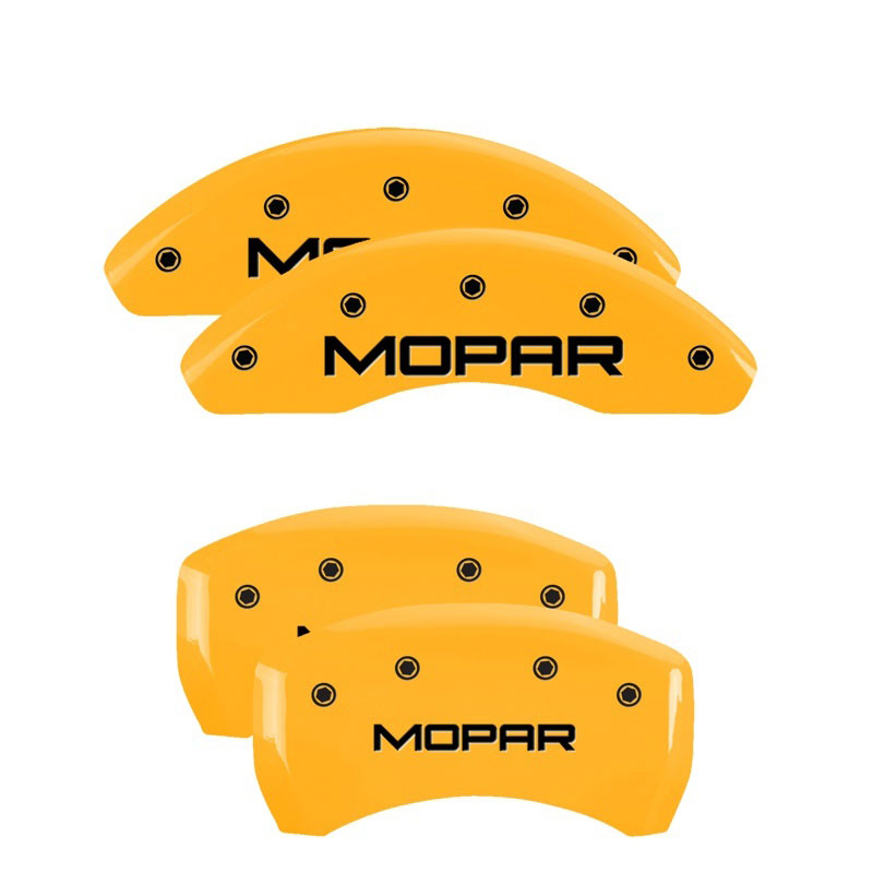 MGP 12199SMOPYL | 4 Caliper Covers Engraved Front & Rear MOPAR Yellow finish black ch; 2013-2016