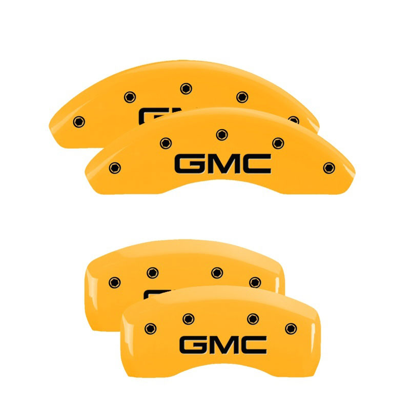 MGP 34002SGMCYL | 4 Caliper Covers Engraved Front & Rear GMC Yellow finish black ch; 2013-2017