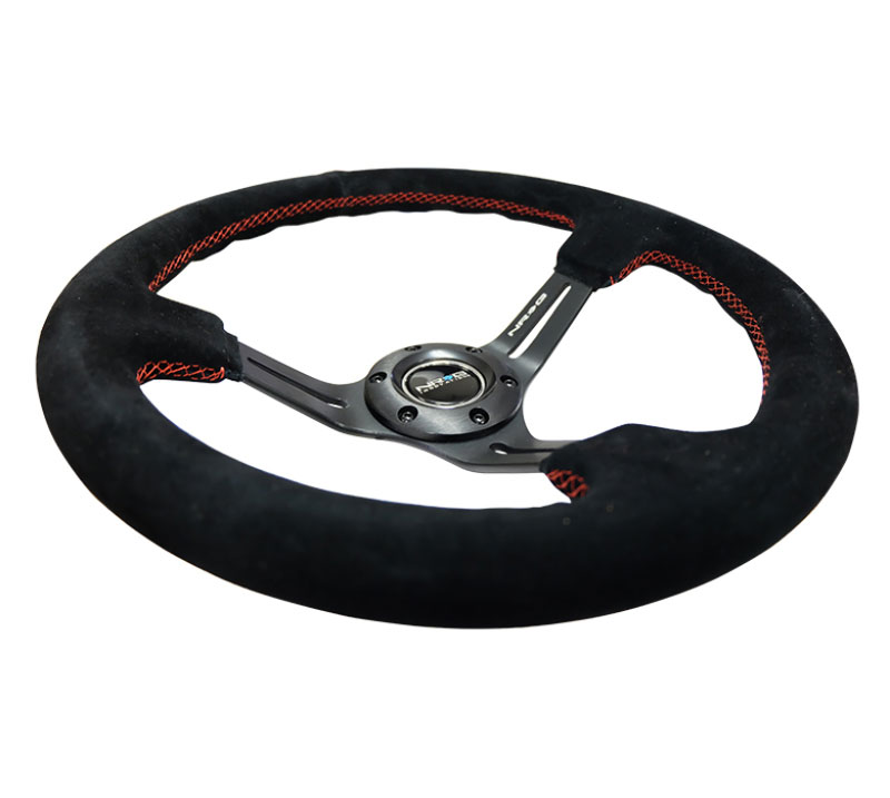 NRG rst-018s-rs | Reinforced Steering Wheel (350mm / 3in. Deep) Blk Suede w/Red Stitching & 5mm Spokes w/Slits