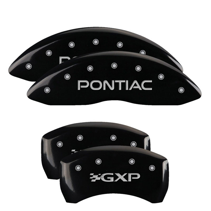 MGP 18011SPXPBK | 4 Caliper Covers Engraved Front Pontiac Engraved Rear GXP Black finish silver ch; 2008-2009