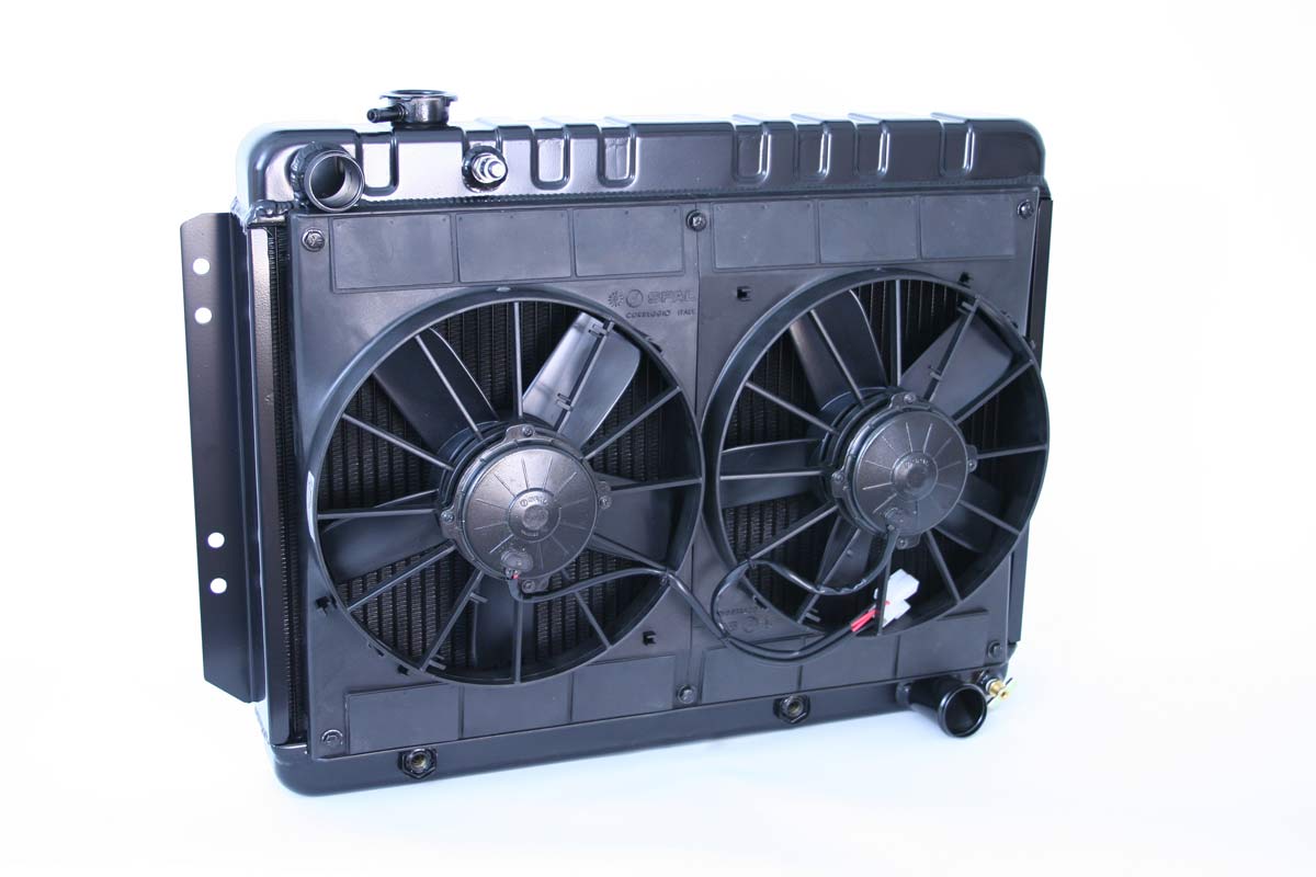 DeWitts Radiator 4239016A | and Fan Impala All, DF, Auto, Dual 11" Spal Fans, Black Ice; 1963-1970