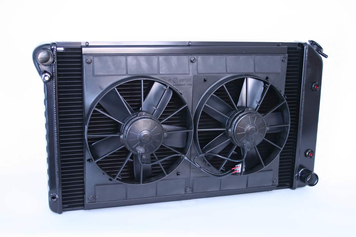 DeWitts Radiator 4239021A | and Fan Firebird/Trans Am 27.5" Core Dual 11" Spal Fans, Black Ice; 1970-1981