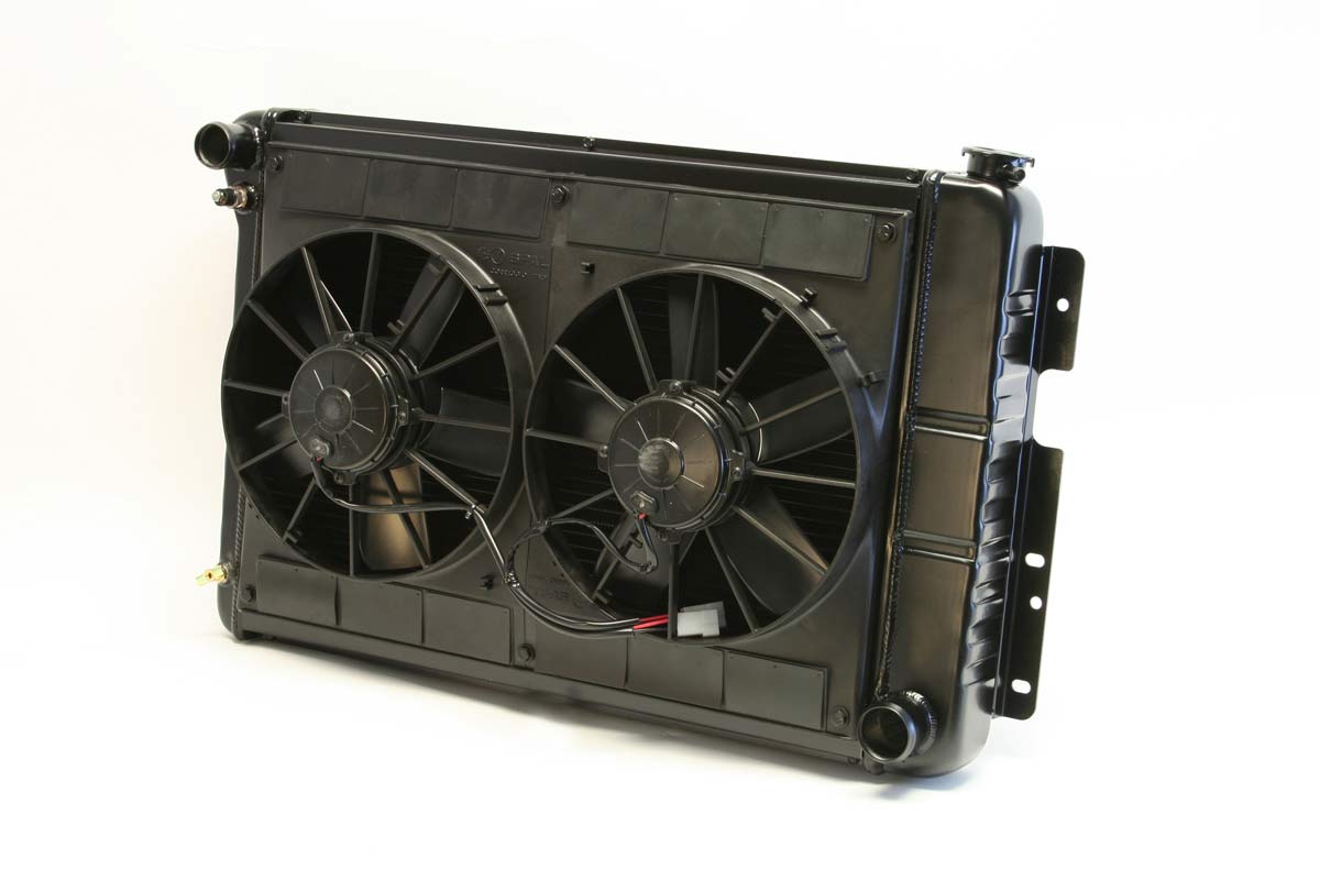 DeWitts Radiator 4239022M | and Fan Camaro BB, 23.5" Core CF, Manual, Dual 11" Spal Fans, Black Ice; 1967-1969