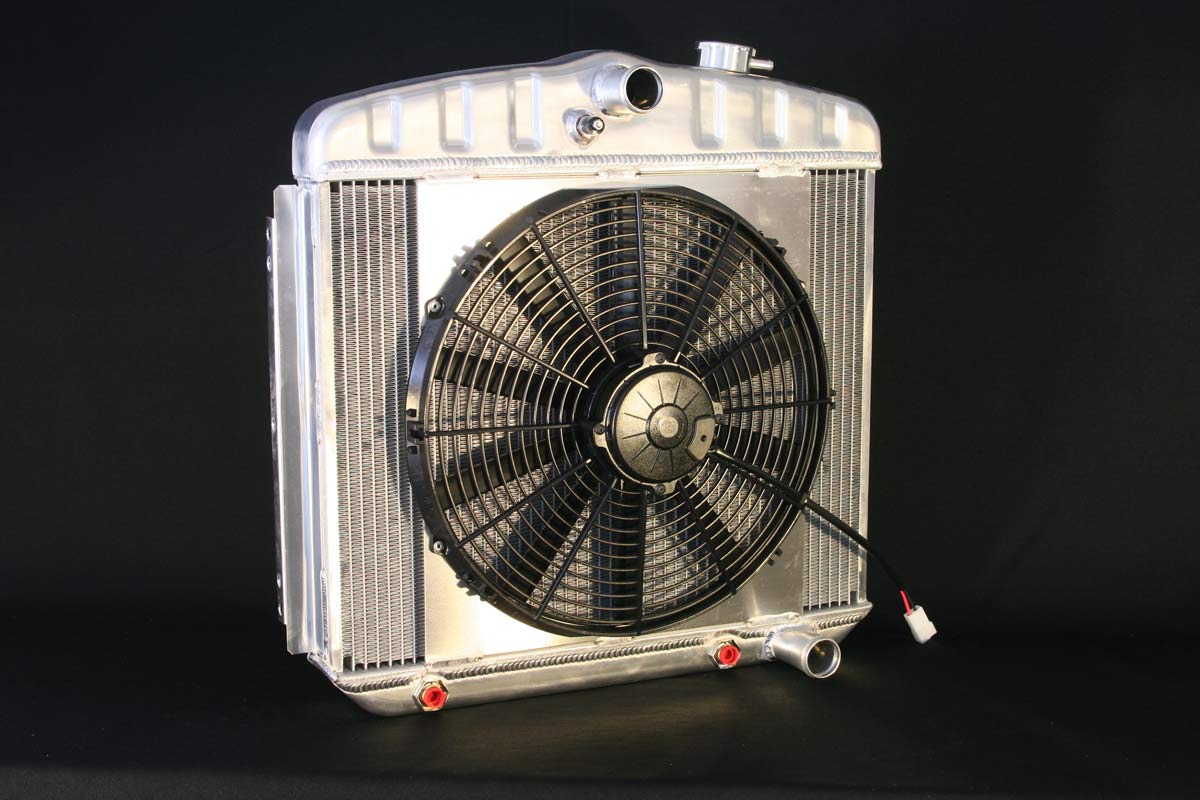 DeWitts Radiator 4139012A | and Fan Chevy TRI-V, V8 mount, DF, Auto, Single 16" Fan, Natural; 1955-1957