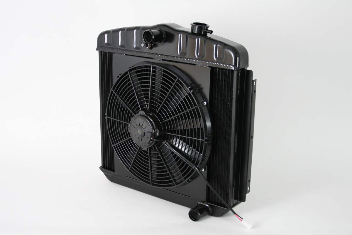 DeWitts Radiator 4239013M | and Fan Chevy TRI-V, V6 mount, DF, Manual, Single 16" Fan, Black Ice; 1955-1957