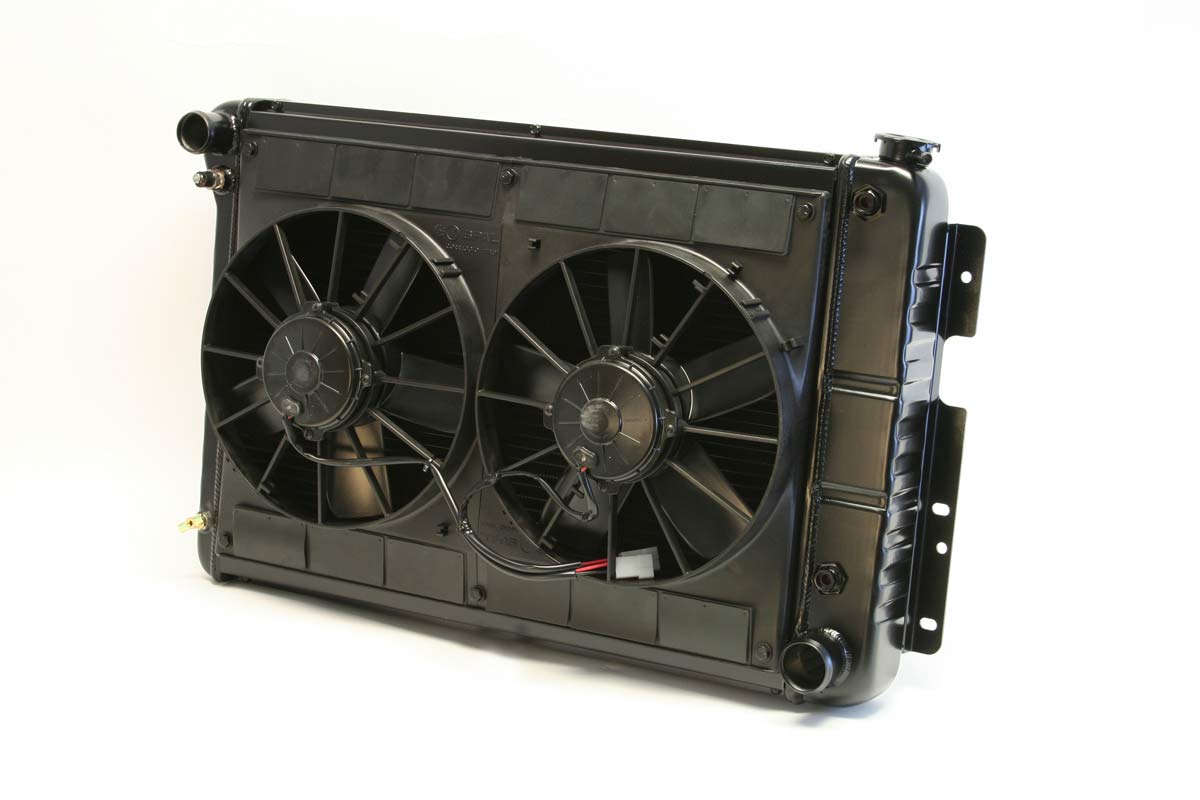 DeWitts Radiator 4239022A | and Fan Camaro BB, 23.5" Core CF, Auto, Dual 11" Spal Fans, Black Ice; 1967-1969