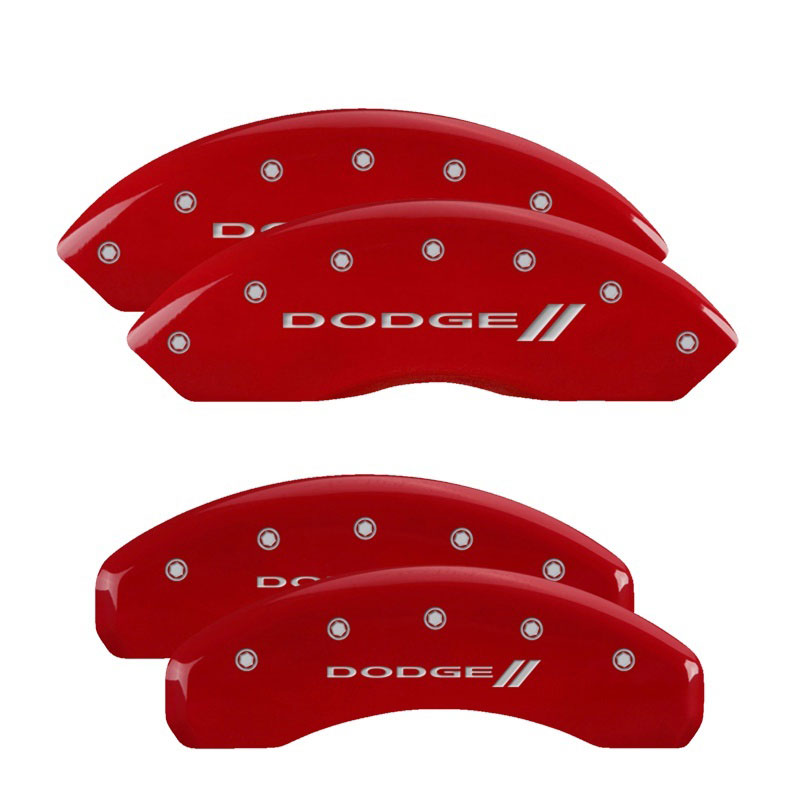 MGP 12059SDD3RD | 4 Caliper Covers Engraved Front & Rear With stripes/Dodge Red finish silver ch; 2010-2010