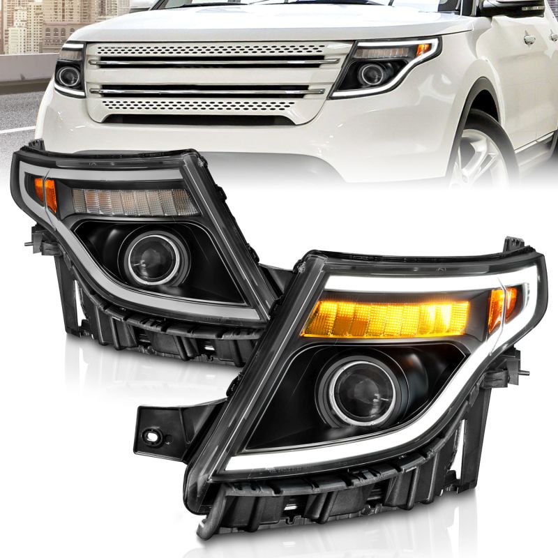 ANZO 111575 | 11-15 Ford Explorer (w/Factory Halogen HL Only) Projector Headlights w/Light Bar Black Housing; 2011-2015